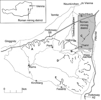 Location map of the Roman mining district (from: Cech B., A Roman gold mining district in eastern Austria, Historical Metallurgy 46 (2), 2012 (published in 2014), 66-77.)