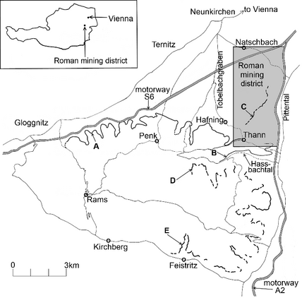 [Translate to Englisch:] Location map of the Roman mining district (from: Cech B., A Roman gold mining district in eastern Austria, Historical Metallurgy 46 (2), 2012 (published in 2014), 66-77.)